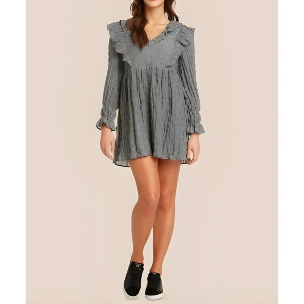 NWT Anthropology Moon River Black White Gingham Ruffled Long Sleeve Mini Dress S
